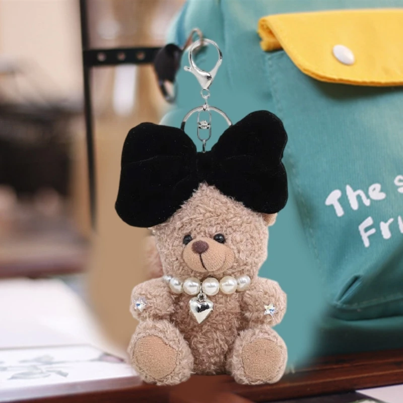 Fashion Bowknot Bear Charm Keychains Lovely Ornament Women Car Keyring Backpack Handbag Charm Pendant Key Holder