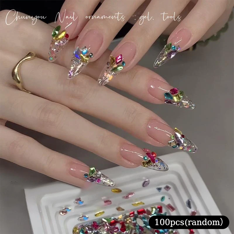 Doces Soda Crystal Nail Charms, Fundo Apontado, Diamante Brilhante, Multi Decorações Cut, Acessórios de Manicure, 100Pcs