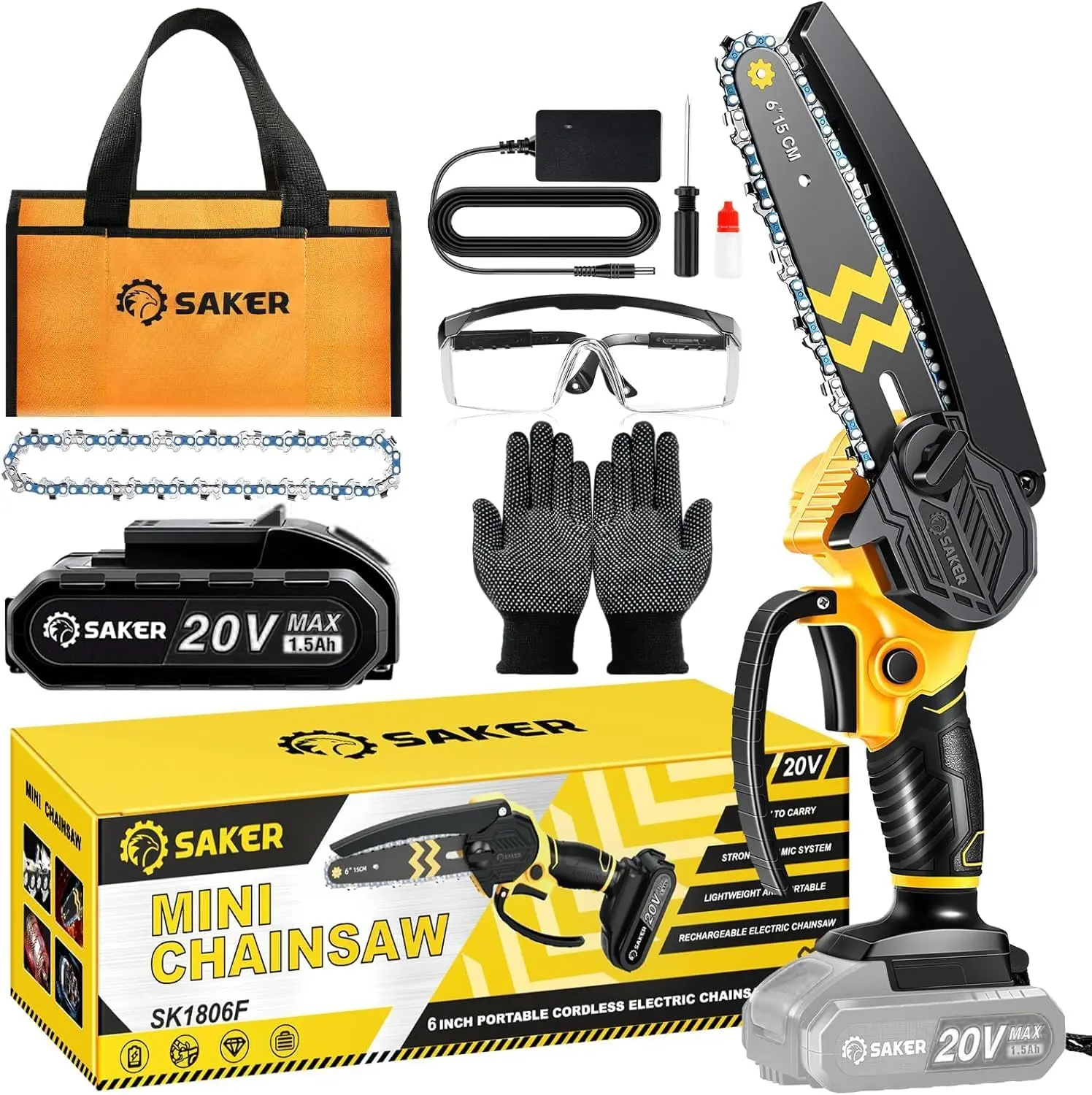 Saker Mini Chainsaw Cordless 6-Inch-Switch Security Lock-Cordless Power Chain Saws-Handheld Small Chainsaw For Cutting Wood