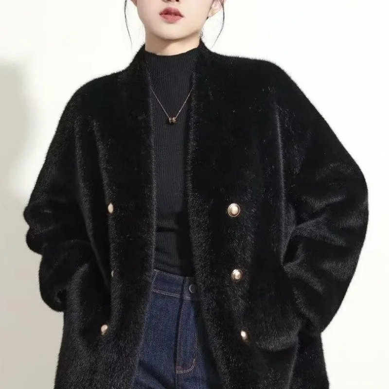 Luxury Vintage Double-breasted Fur Jacket Women Winter Oversized Short Faux Mink Coat Post-Apocalyptic Top Warm Fluffy Jacket