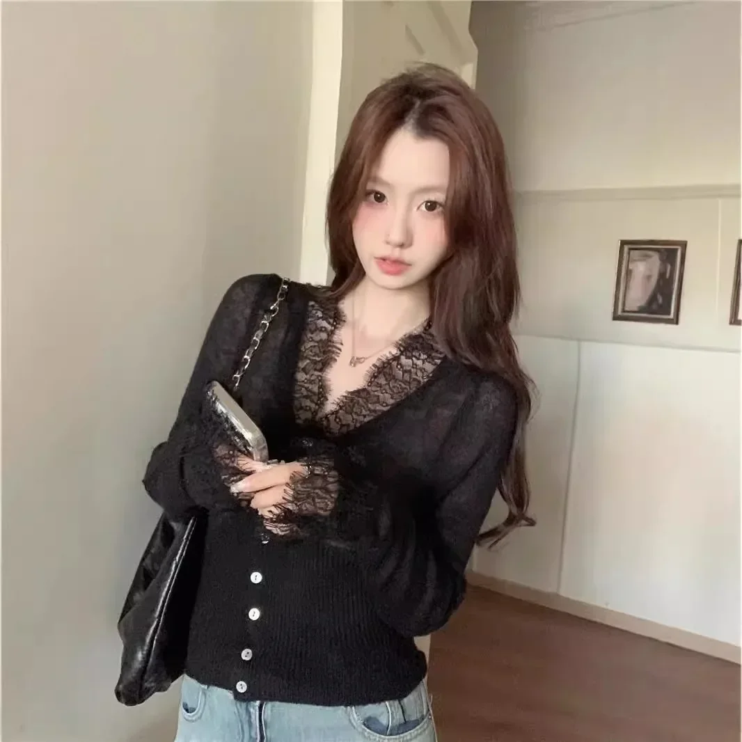 

Fashionable Slim Fit Knitted Sweater Coat Short Top V Neck Long Sleeve Lace Splicing Women's Autumn Winter New Style Outerwear