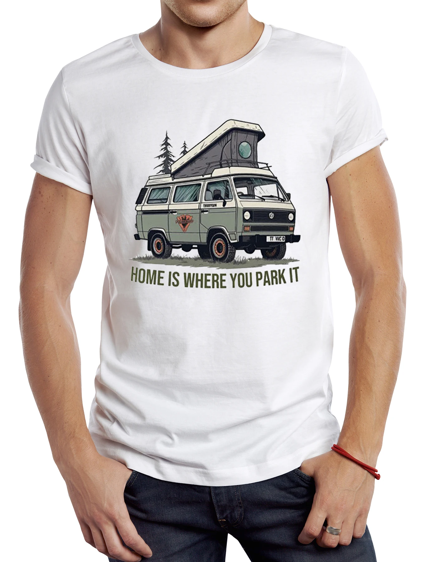 TEEHUB Vintage Mountain Camper Van Men T Shirt Casual Vanlife Male Tops Hipster Retro Camping Bus Printed Tee