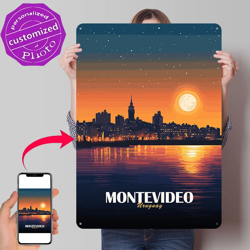 Montevideo Uruguay Cityscape At Night Personalized 3D Textured Metal Poster Wall Art Tinplate Sign for Article Decoration Room