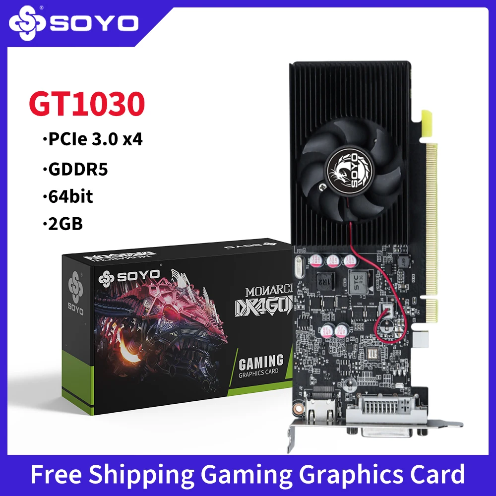 

Игровая видеокарта SOYO NVIDIA Geforce GT1030 2G GDDR5 64-битная видеокарта PCIe 3.0 x4 HDMI-совместимая + DVI для настольного компьютера