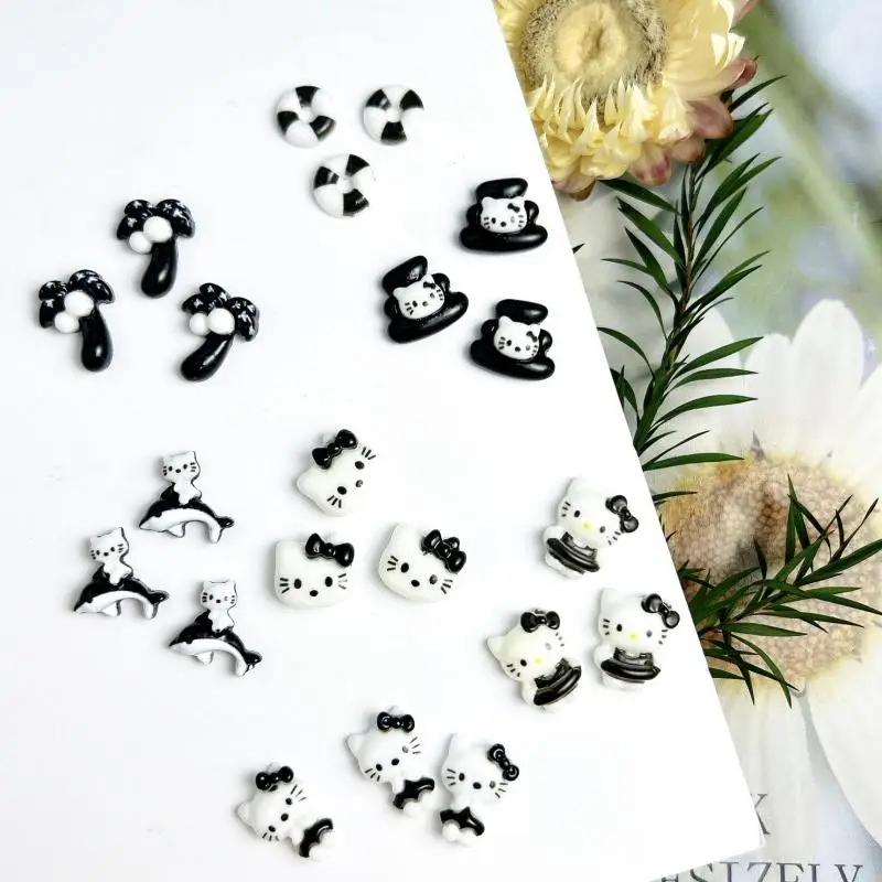 30Pcs Cartoon Black Cat Series Resin Nail Charms Cute Black White Splicing Kitten Coconut Tree Nail Art Decoration DIY Nails