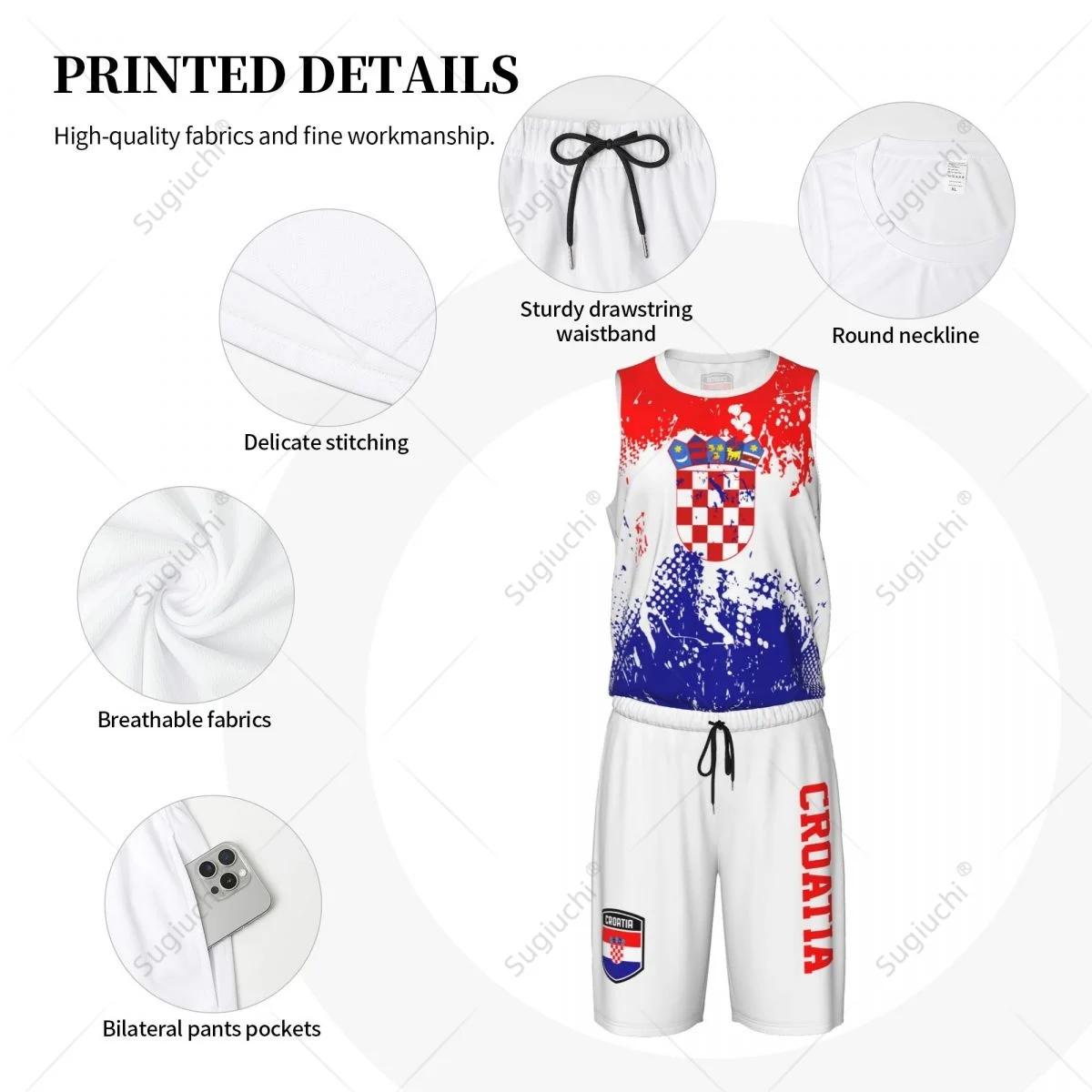 Team-up Croatia Flag Grain Men Basketball Jersey Set Shirt & Pants Sleeveless Custom Name Nunber Exclusive