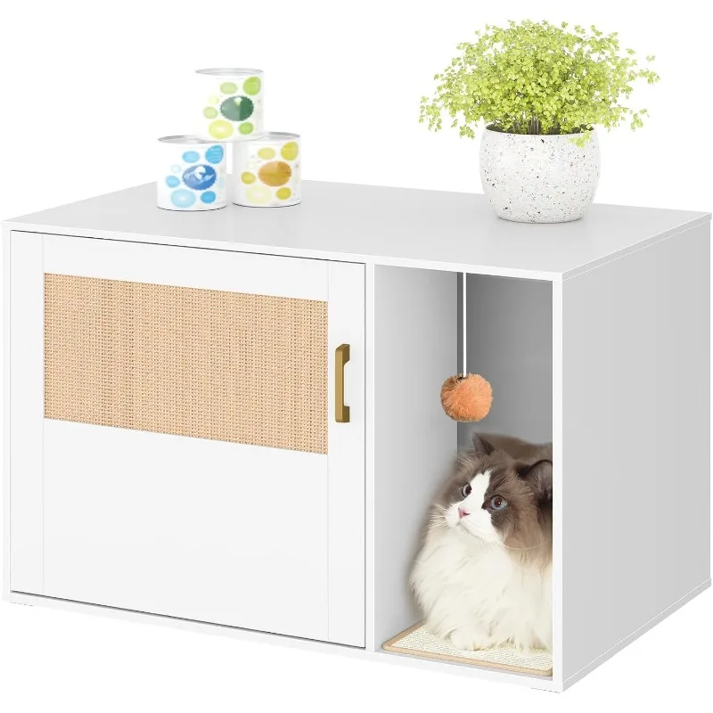 

Cat Litter Box Enclosure with Rattan Door, Hidden Litter Box Furniture, Boho Style Wooden Pet House Side End Table, Storage