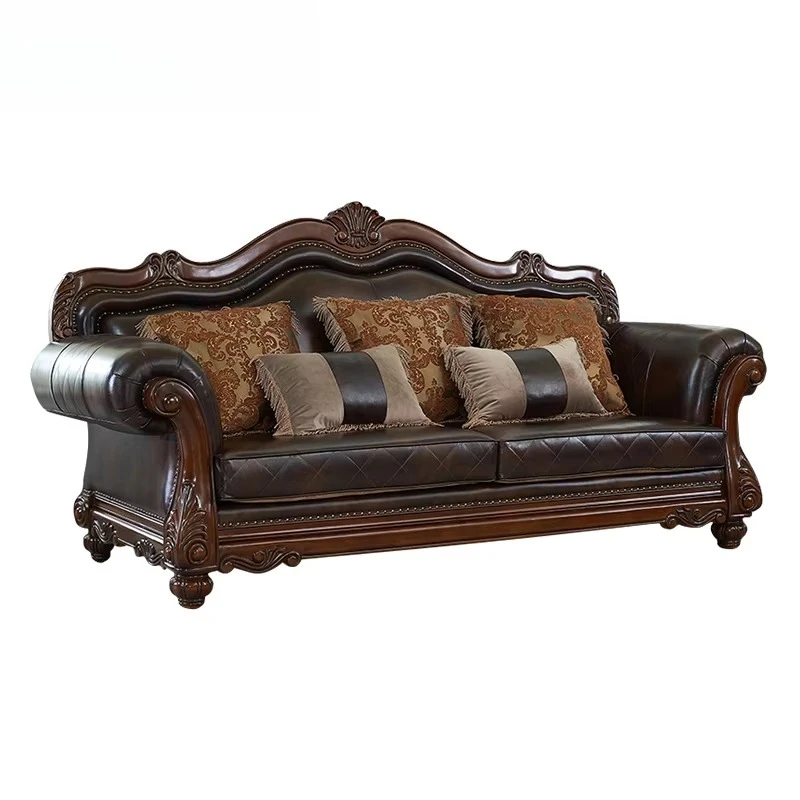 

Классический стиль, резной кожаный диван, деревянная рама, тканевая подушка, 6-местный с мраморным журнальным столиком для гостиной, комплект