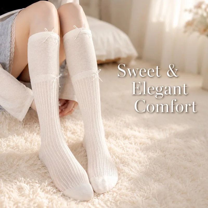 Women Breathable Mesh Knee High Socks Pearl Bow Thin Hollow Soft Cotton Stockings Daily Lolita Party Princess Dress Matching