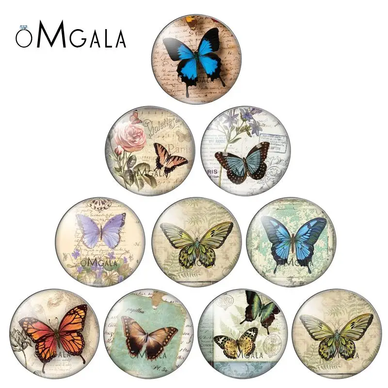 New Beauty Vintage Butterfly 10szt mieszane 12mm/16mm/18mm/25mm Okrągłe zdjęcie szklany kaboszon demo płaski tył Making findings