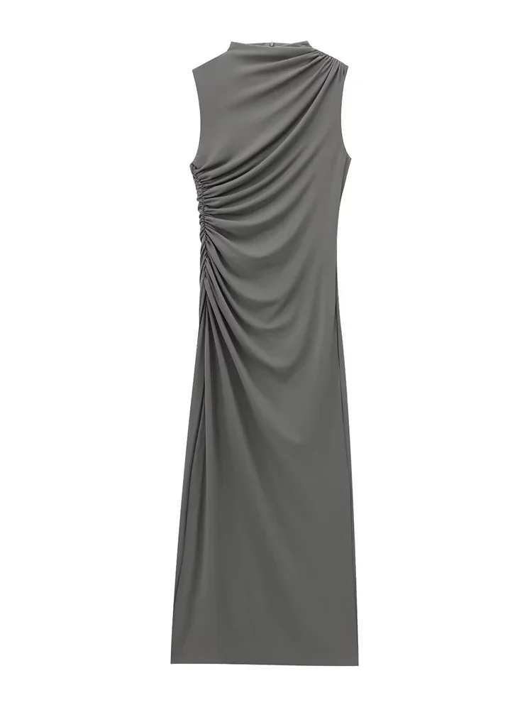 فستان Willshela للسيدات ذو ثنيات وسحاب خلفي متوسط الطول عتيق برقبة دائرية بدون أكمام فساتين نسائية أنيقة