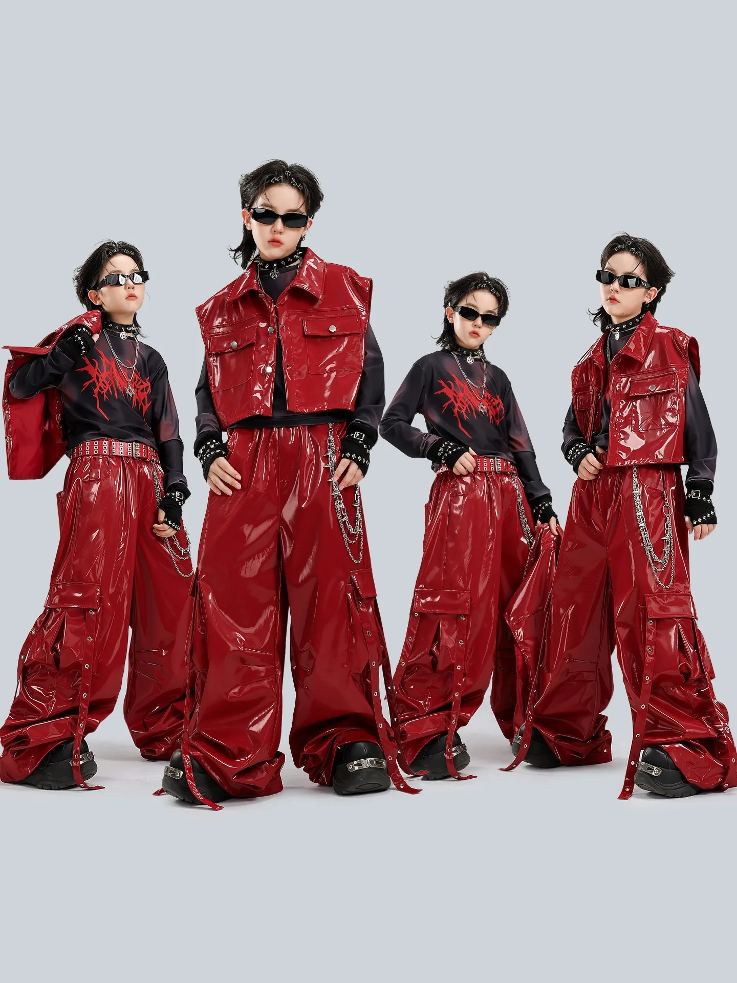 2026 Boys Hip Hop Dance Costume Red Leather Vest Cargo Pants Kids Jazz Performance Clothes Runway Concert Stage Clothing BL20309