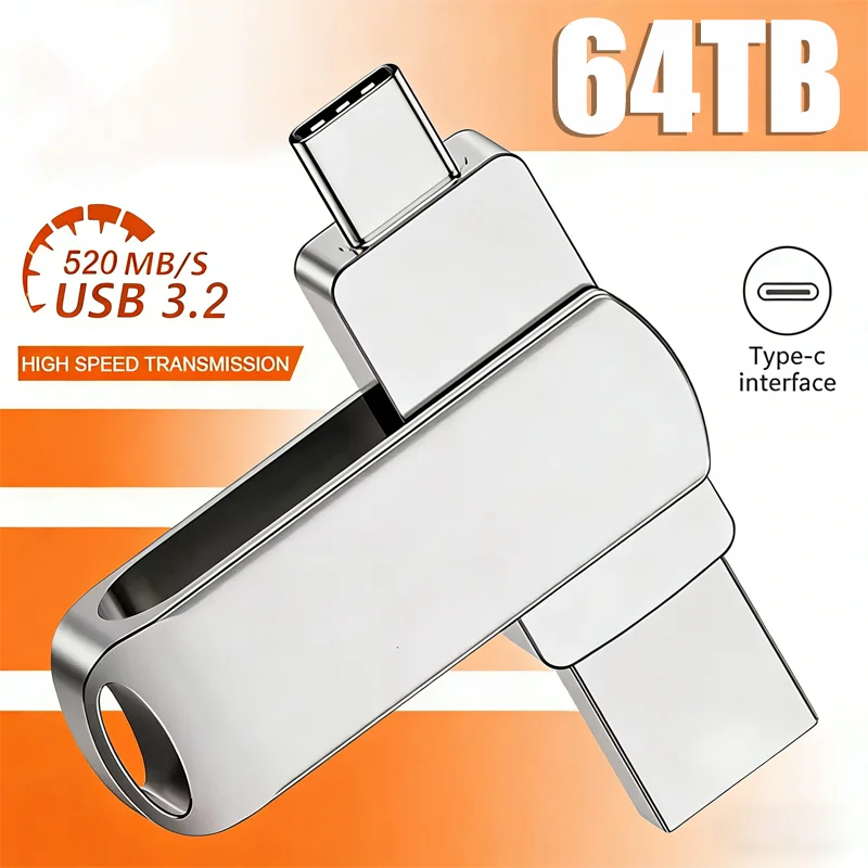 Clé USB 3.2 de 64 To, 520 Mo/s, haute vitesse, 2 en 1, Type C OTG, étanche, grande capacité de stockage pour téléphone, ordinateur, PC, stockage de données