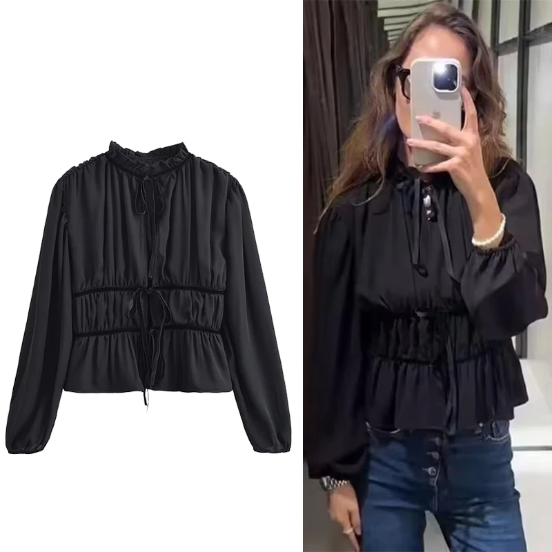 

Chic Elegant Bow Tied Shirts for Women 2025 New Fashion Long Sleeve Women's Streetwear Casual Cropped Shirt And Blouse Top ﻿ ﻿