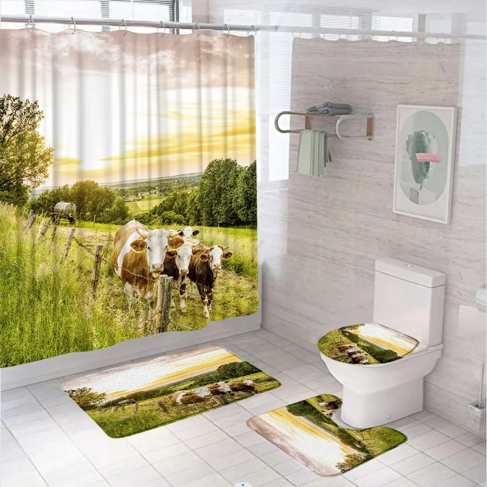 

Rustic Farm Cow Shower Curtain Sets Farmhouse Chicken Country Scenery Bathroom Curtains Non-Slip Bath Mats Rug Lid Toilet Cover