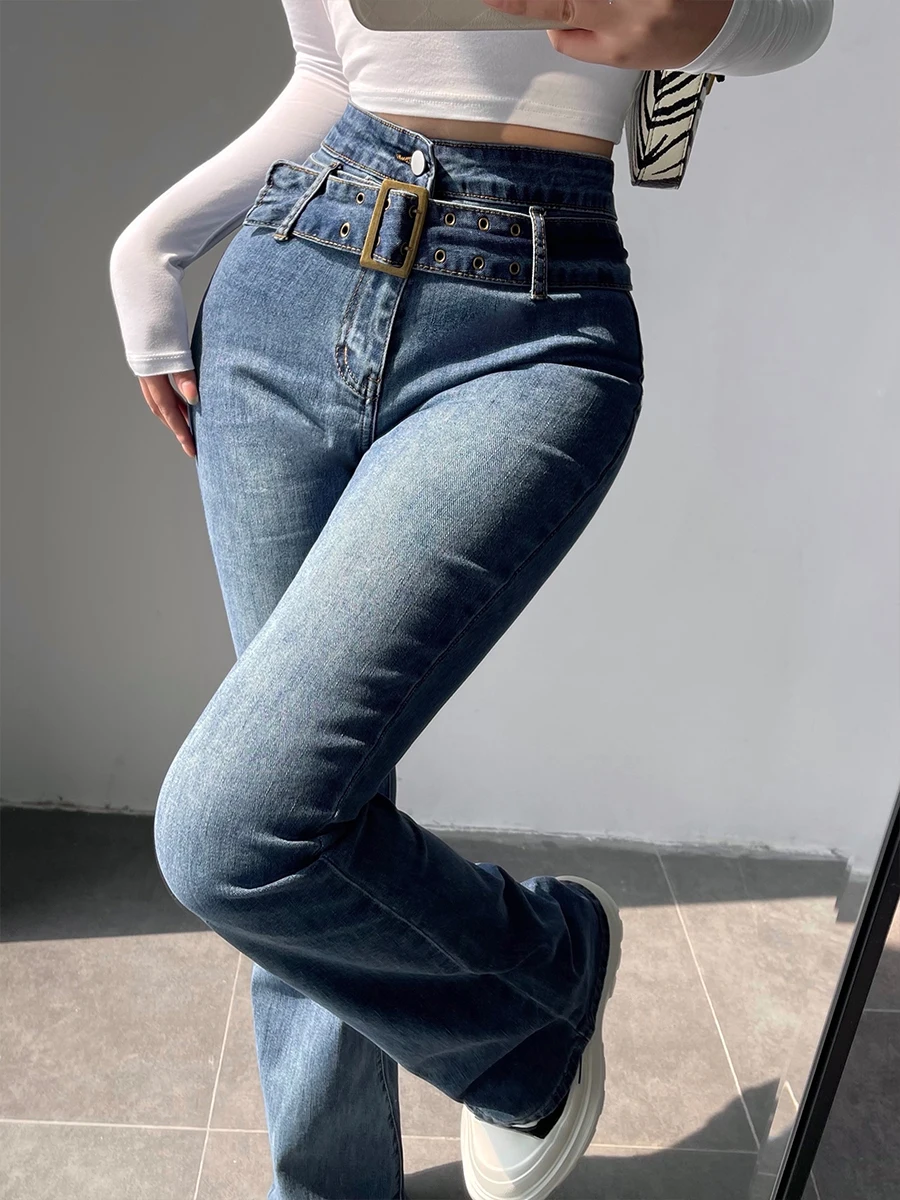 

High Waist Bell Bottom Jeans Long Pants Detachable Belt Vintage Style Slimming Effect Full Length Women's Fashion