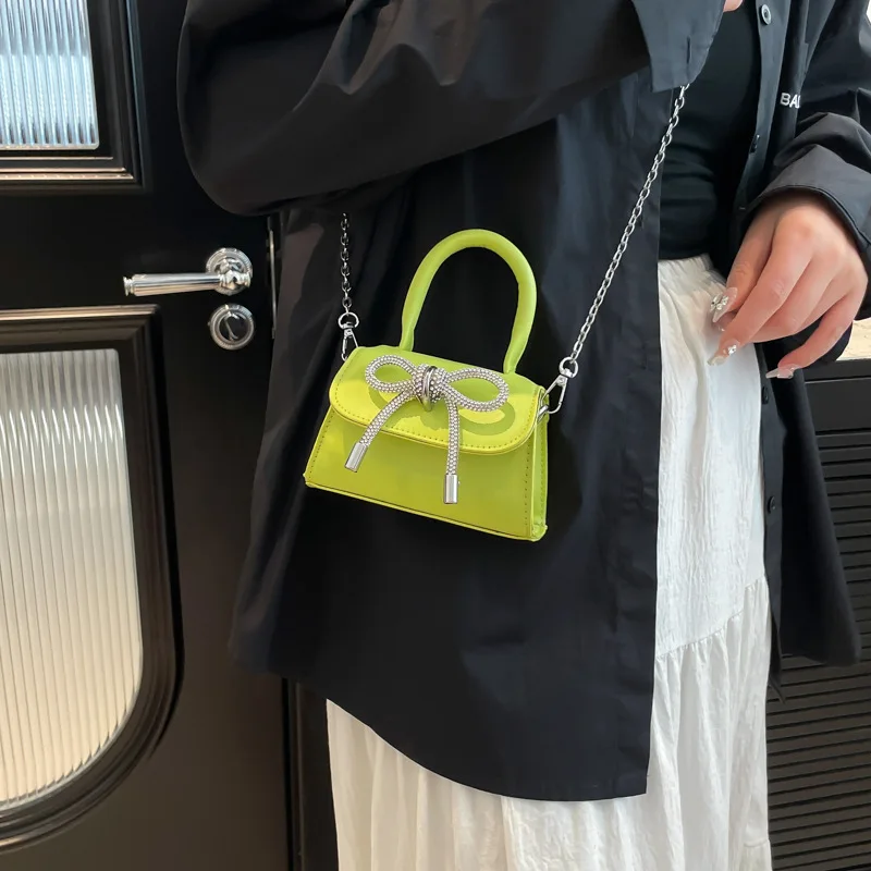 Bolso pequeño de color sólido con diseño de lazo, bolso de hombro de material PU, bandolera con tapa, cartera y bolso de cadena a la moda para mujer