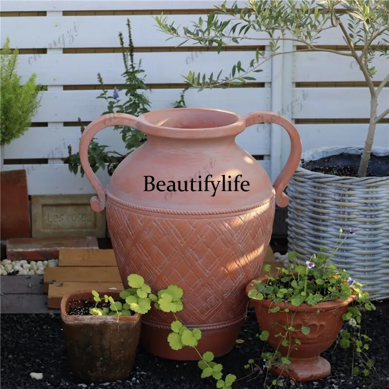 Binaural big belly jar old ceramic color outdoor garden garden decoration landscaping ornament
