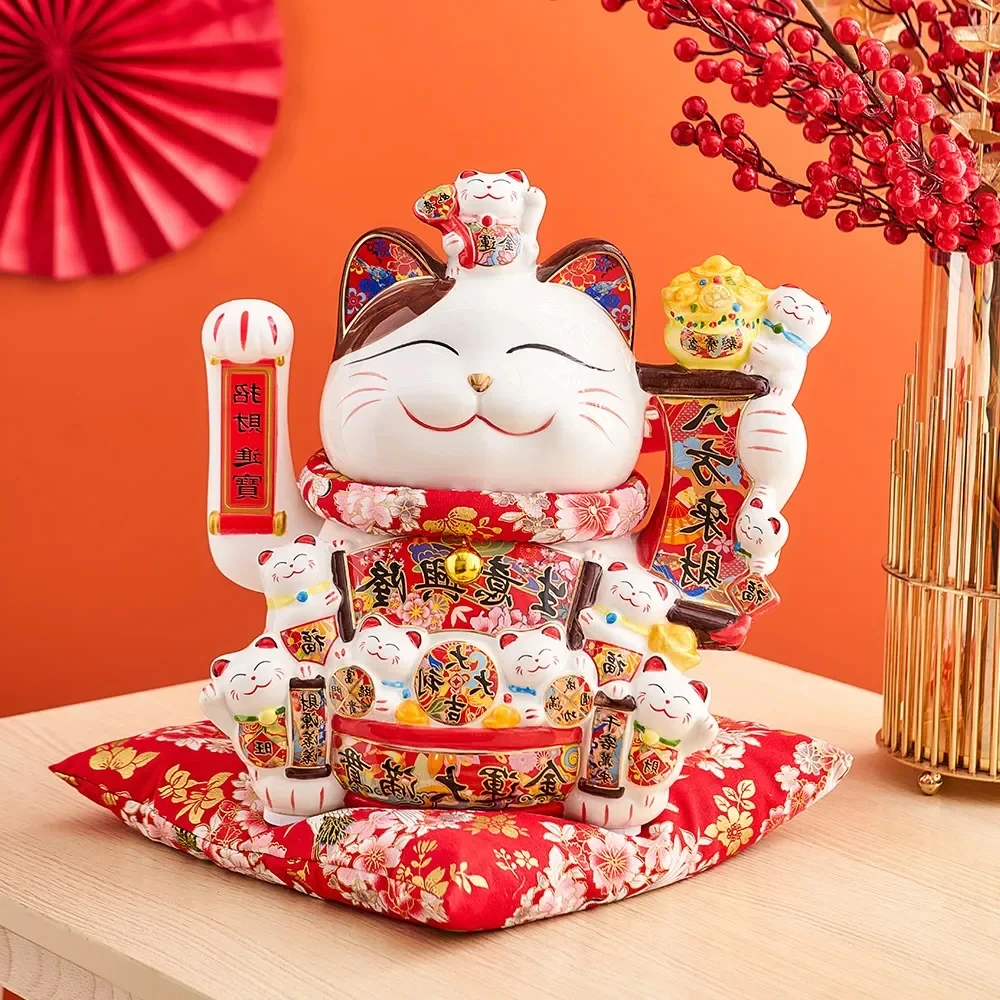 B-M Ceramic Maneki Neko Lucky Cat Home Decor Waving Hand Cat Feng Shui Ceramic Fortune Cat Statue Kawaii Room Decor Accessories