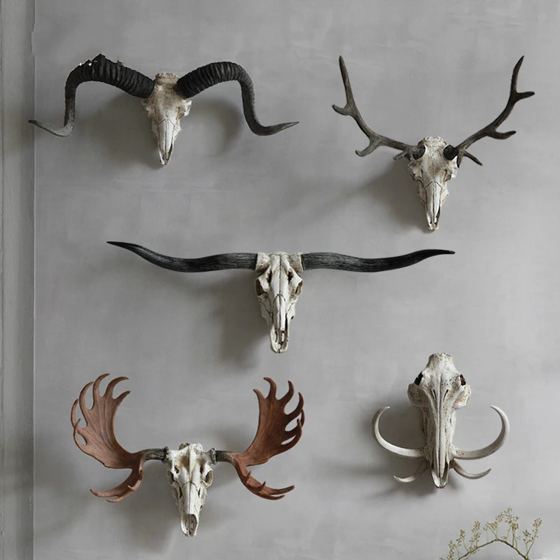 

Home Statue Decoration Accessories Vintage Alaska Moose Goat Elk Skull Sculpture Room Wall Decor Resin Mountain Pighead Statues