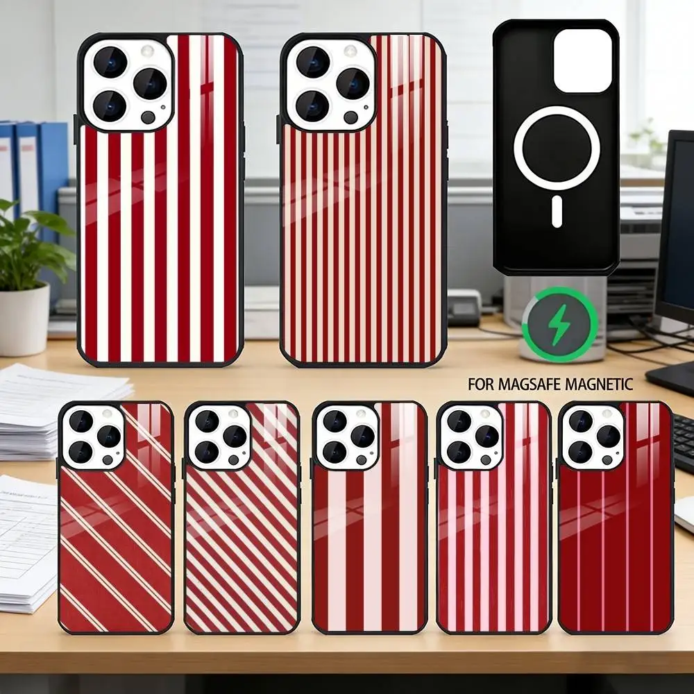 

B-Burgundy White Stripe P-pattern Phone Case For iPhone17,16,15,14,13,12,11 Plus,Pro Magnetic with Magsafe Wireless Charging