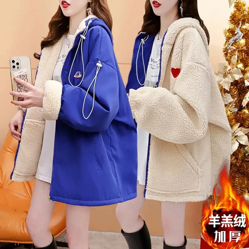 

Adding Velvet Thickening Wearing Lamb Wool Coat On Both Sides Women Winter 2023 New Loose Mid Length Hooded Sweatershirt Top