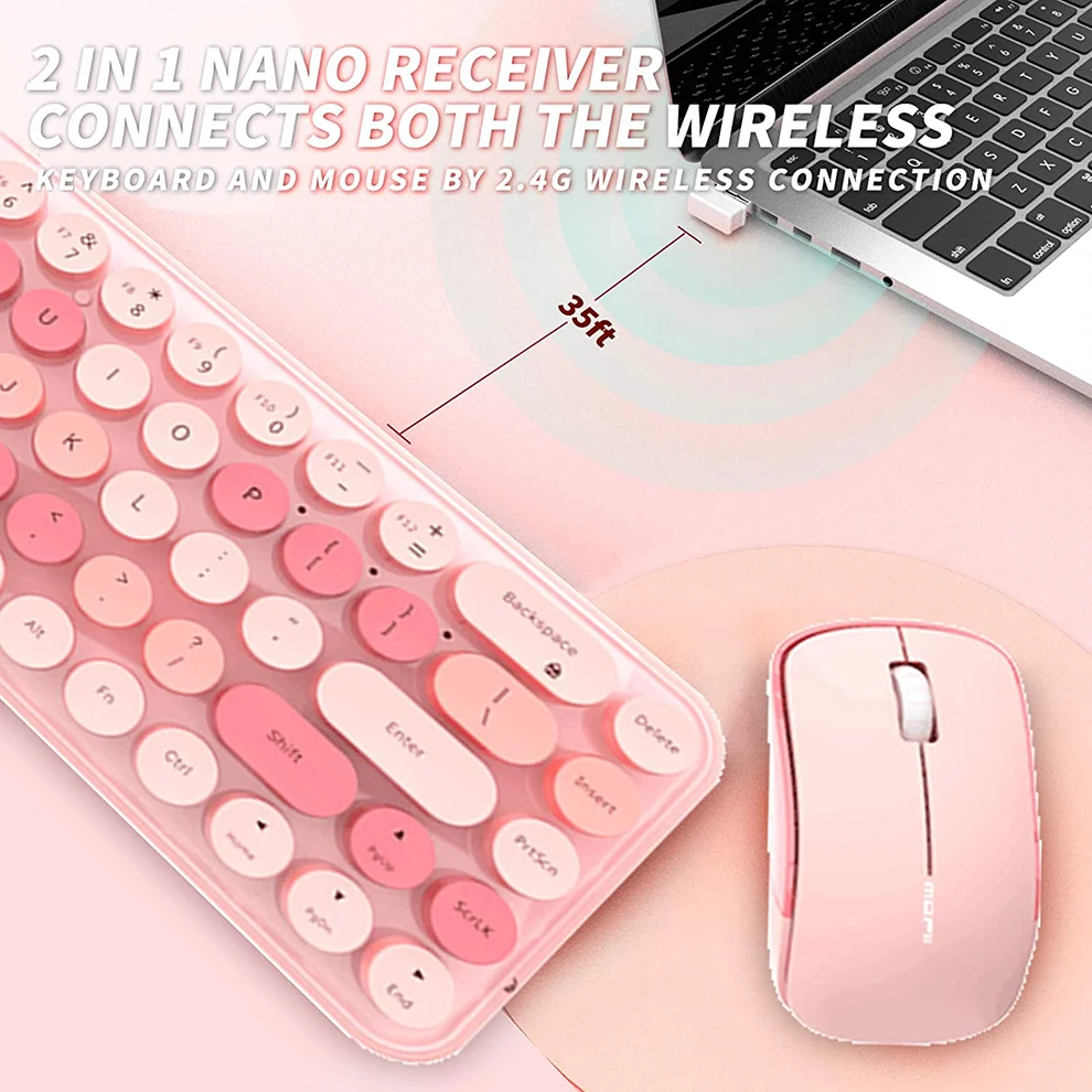 Mofii Pink Keyboard and Mouse Wireless Cute Colorful 68 Round Keycaps Retro Typewriter Compact Keyboard for PC, Desktop, Laptop