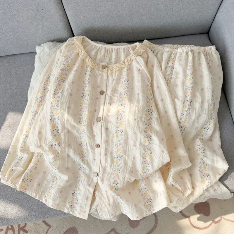 Cute Sweet Ladies Spring Autumn Sleepwear Scalloped Lace Collar Soft Textured Fabric Long Sleeve Long Pants Cozy Home Loungewear