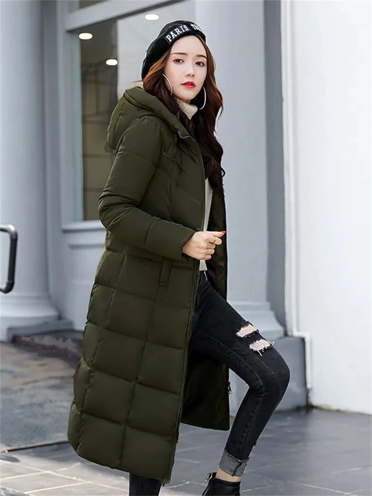 2025 novo inverno parka casaco longo feminino whitethhick quente para baixo casaco de algodão moda com capuz parka puffer à prova de vento neve casaco