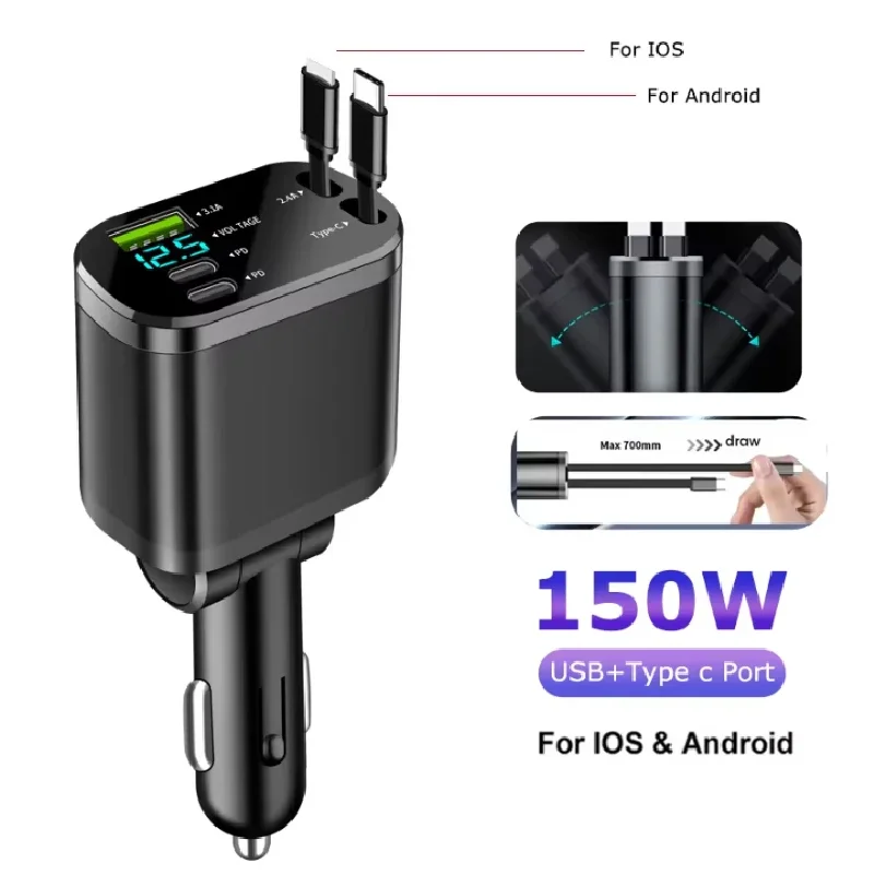 

5 in 1 150W Car Charger Voltage Display PD30W Super Fast Charging 22.5W With Retractable Cable For IPhone Xiaomi Samsung