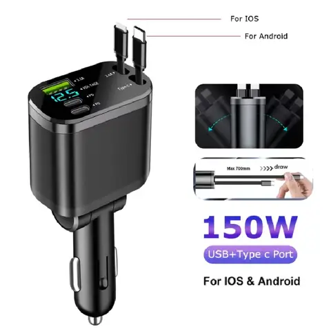 5 in 1 150W Car Charger Voltage Display PD30W Super Fast Charging 22.5W With Retractable Cable For IPhone Xiaomi Samsung