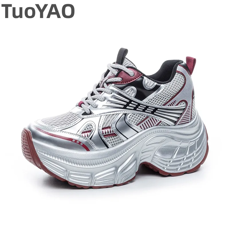 

8 см сетчатые массивные кроссовки из синтетической кожи, новые летние весенние женские туфли на танкетке на платформе, осенняя обувь на вулканизированной полой подошве на плоской подошве