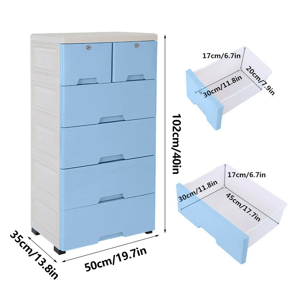 6pcs Drawers PP Rectangle Storage Cabinet Home Furniture with 4 Bottom Wheels,Two Small Drawers with Locks Simple Elegant Design