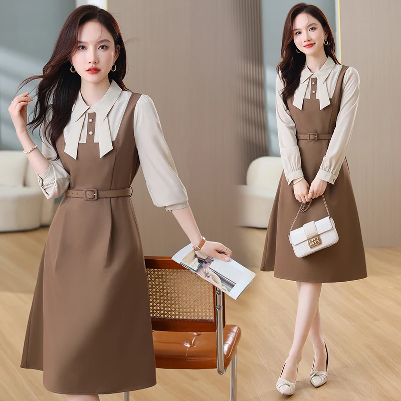 

2024 Spring New Xiaoxiangfeng Fake Two Elegant Dresses Women's Polo Collar Long Sleeve Gentle Slim Appearance High Grade Dress