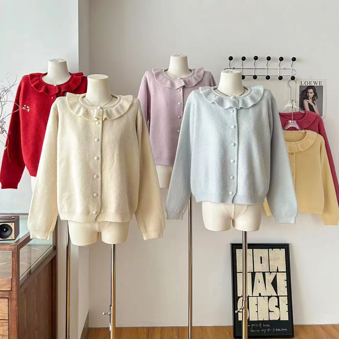 

Women's Autumn Winter Elegant Ruffled O Neck Long Sleeve Loose Cardigan Lady Solid Color Single Breasted Cardigan Outwear