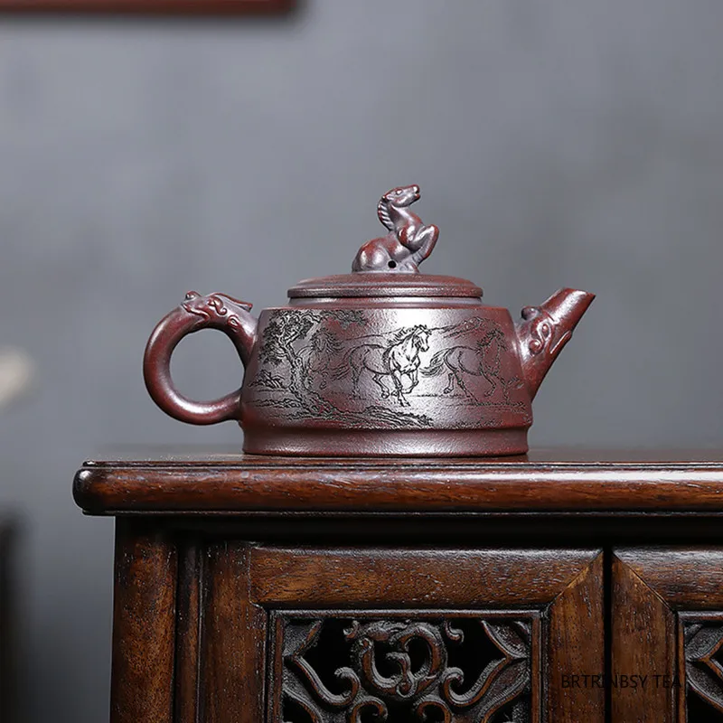 340ml Chinese Yixing Purple Clay Teapot Handmade Horse Pattern Zisha Tea Pot Beauty Tea Infuser Kettle Household Teaware Tea Set