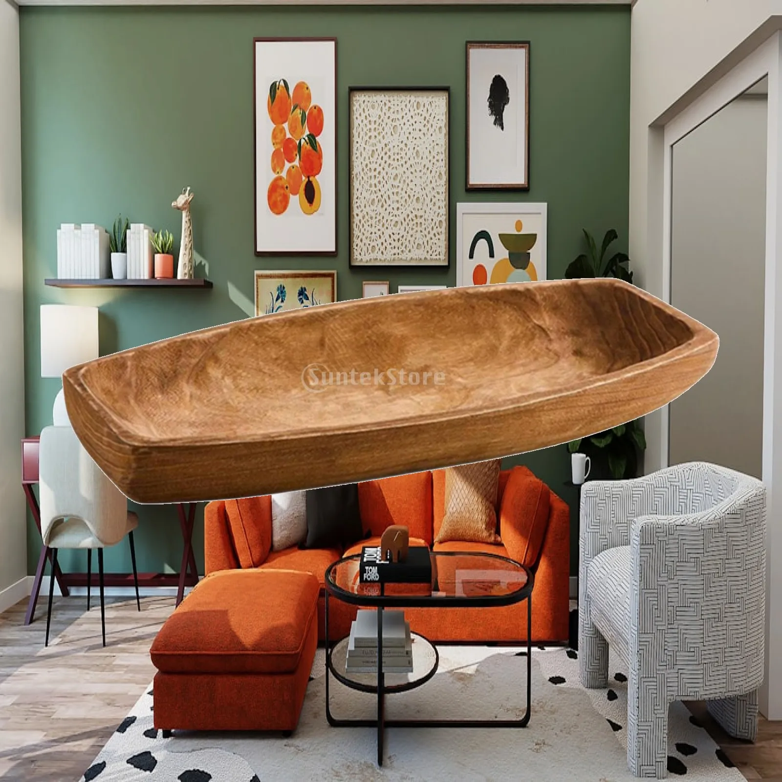 Boat-Shaped Serving Tray Unique Wooden Boat Tray Slim Elegant for Coffee Table, Mantel