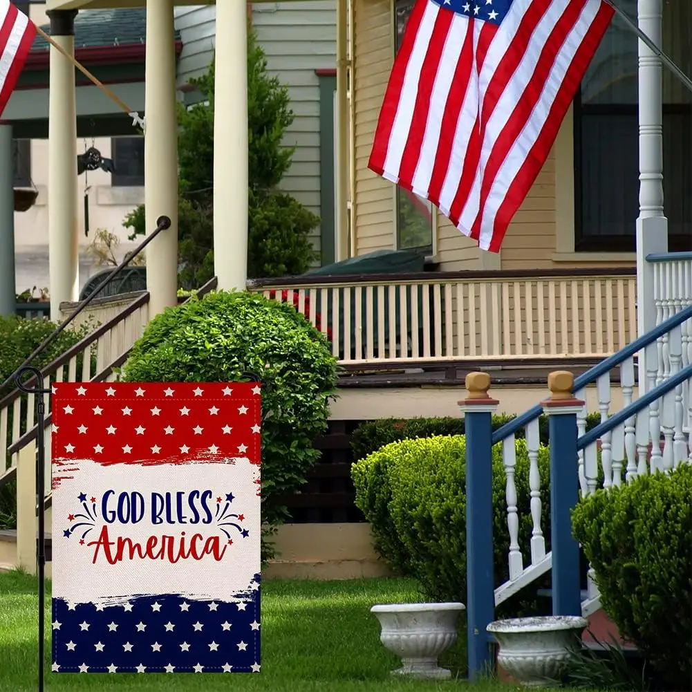 Patriotic 4th of July Stars Garden Flag Double Sided 12.5x18 Inch, God Bless America Independence Day Memorial Day Yard Outd uui