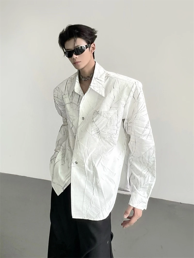 Ace Texture Sensation Pad Shoulder Shirt Casual Long Sleeve Korean Style Loose Fit Polyester No Ironing Required Autumn Shirt