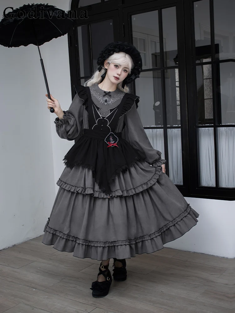 

Spring Autumn Lolita Chic Spider Web Embroidery Long Sleeve Ruffles Dress Punk Girls Sweet Lace Up Dark Princess Cake Dresses
