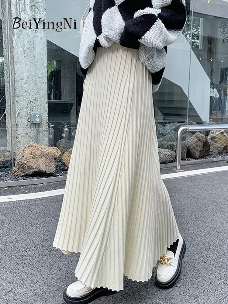 

Beiyingni 2024 Autumn Winter Women Knitted Long Skirts Thicken Korean Large Swing Pleated Skirt Casual Slim Black A-line Faldas