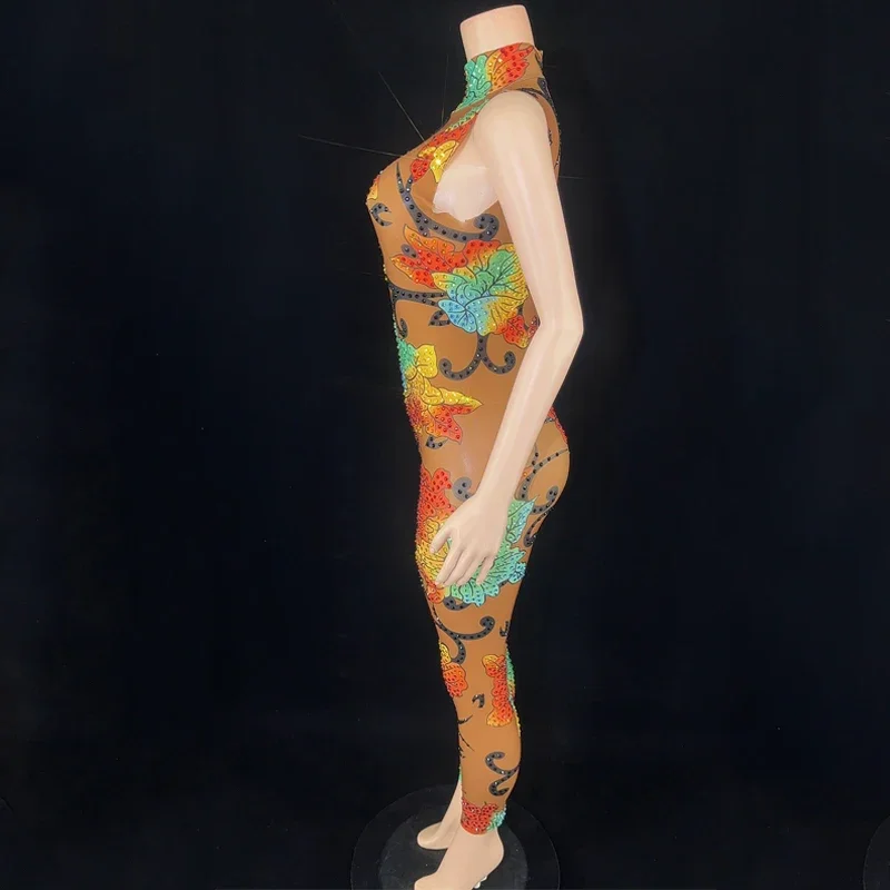 フルラインストーンプリントジャンプスーツノースリーブダイヤモンドゴーゴーダンサー衣装女性ジャズ衣装ステージショーフェスティバル服 XS6385