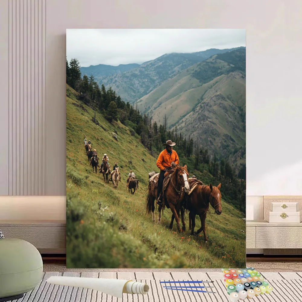 Pintura por números de personas que montan caballos en la Grassla, pintura al óleo pintada a mano, lienzo para colorear, regalo único, decoración del hogar
