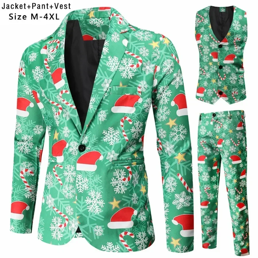 Three Pieces Christmas Suits Men Long Sleeve Blazers Winter Santa Claus Snowflake Printed Men\'s Funny Blazers Jacket+Vest+Pants