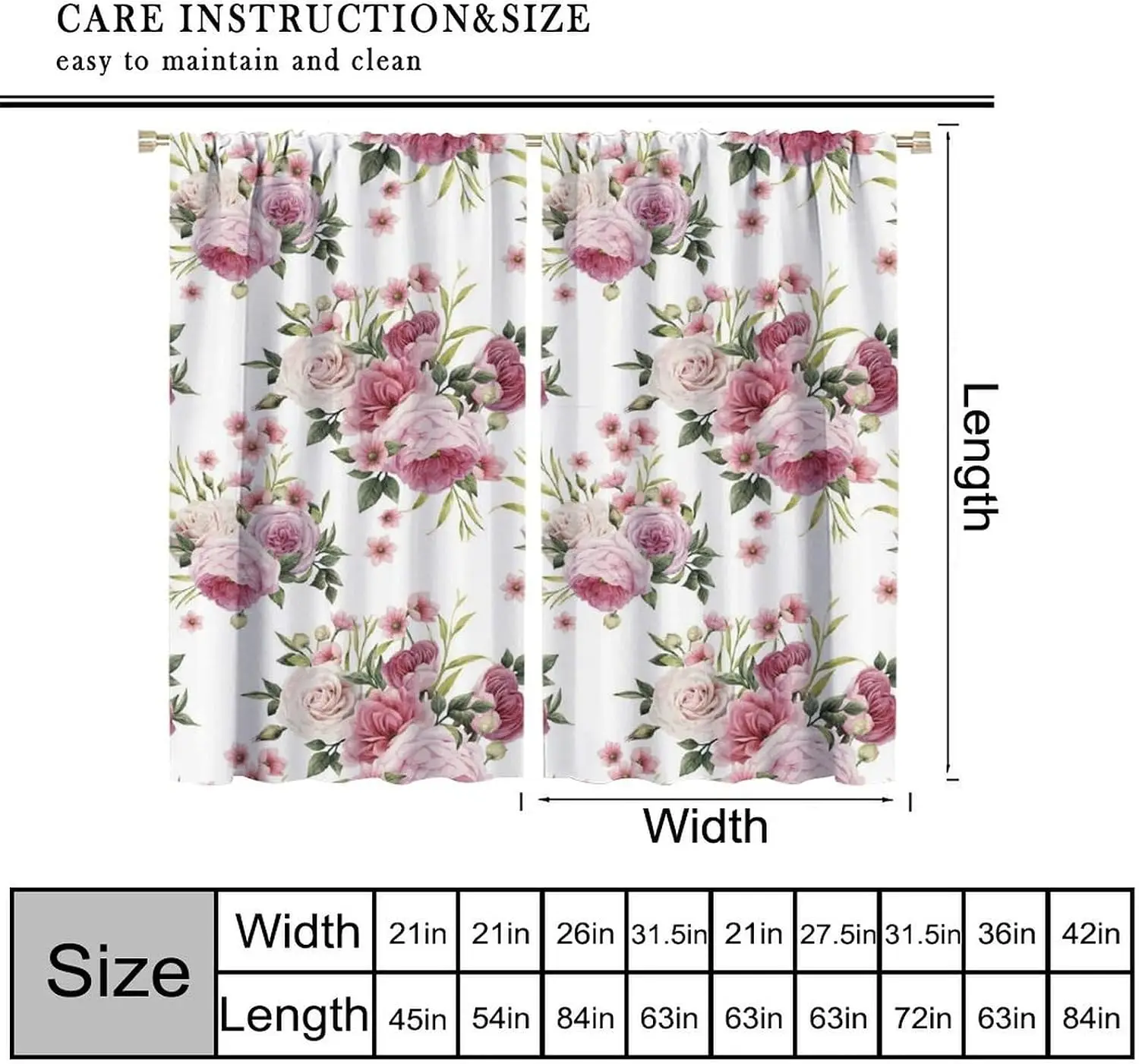 Vintage Floral Curtain, Pink Rose Plant Green Leaves Flower Window Curtain for Bedroom Living Room Kitchen 42