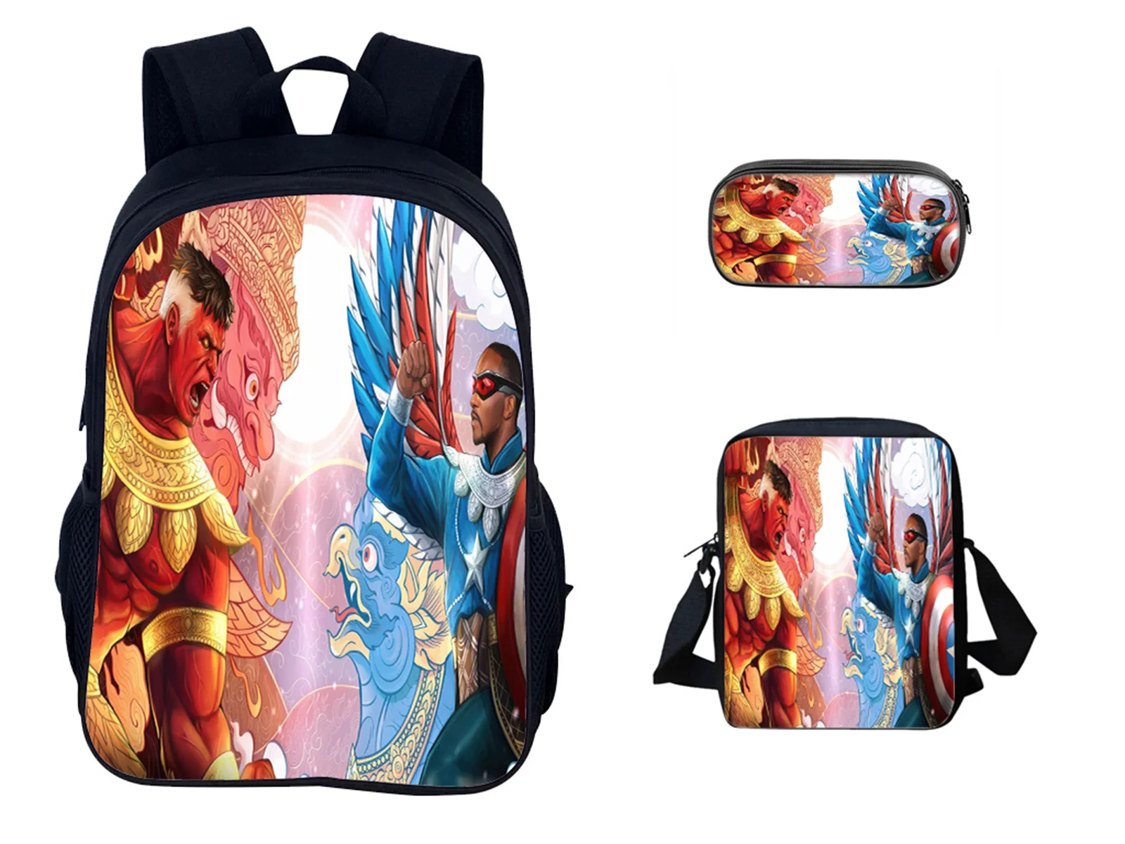 Unisex Child Schoolbag 3 Pcs Set Classic Captain America Backpack+Durable Side Bag+Pencil Case,3 in 1 Bookbag for Students