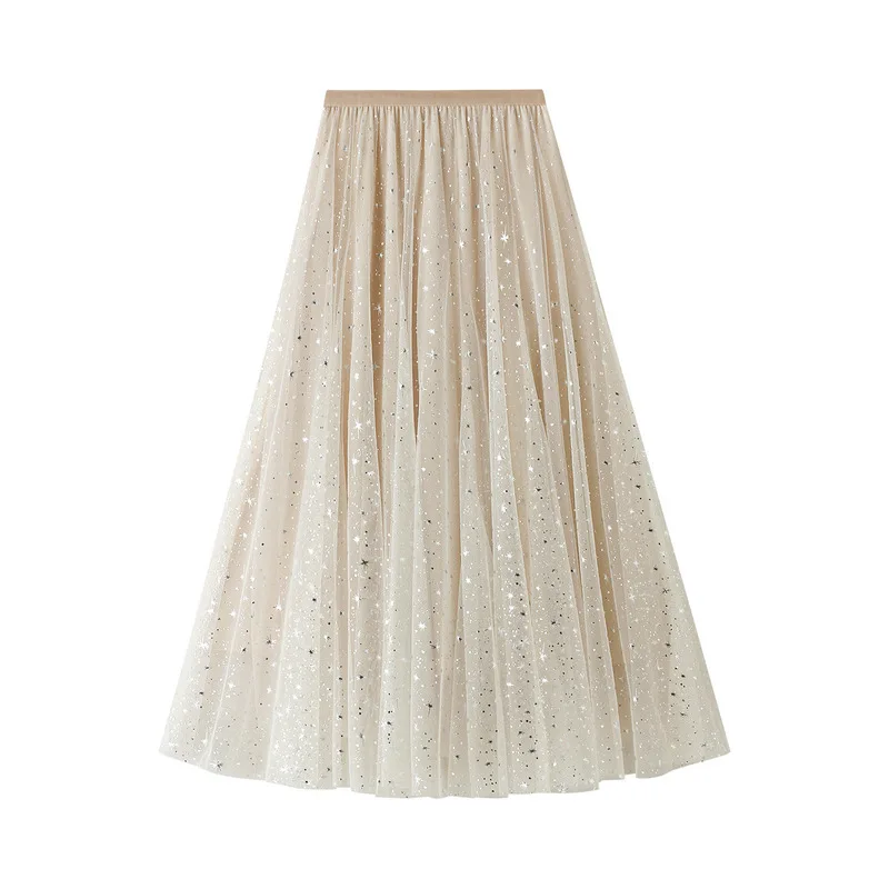 Women Starry Sky Mesh Tutu Skirts Sequin Glitter Layered Tulle A-Line Chic Elegant Puffy Mid Length SkirtStreetwear