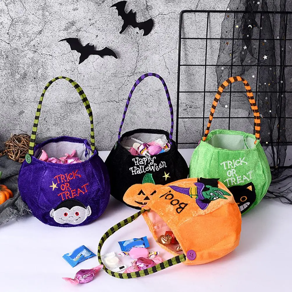 Kids Halloween Treat Bag Witch Pattern Halloween Candy Bag Plush Pumpkin Trick or Treat Bucket Set for Kids Reusable for Toddler