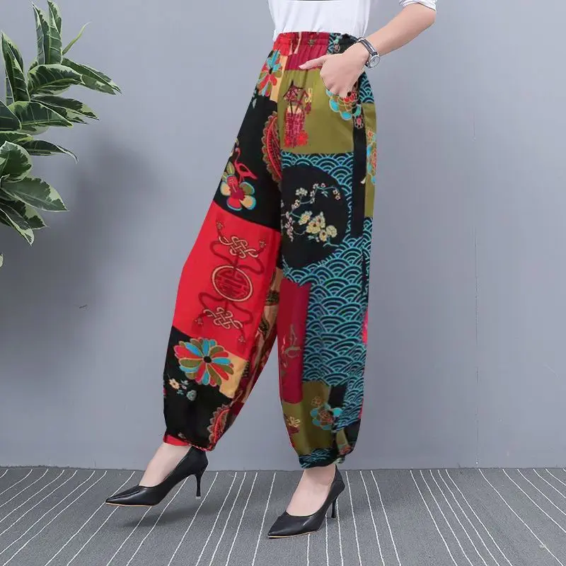 Vintage Printed Loose All-match Elastic High Waist Pants Women\'s Clothing 2024 Spring Summer New Loose Office Lady Cropped Pants