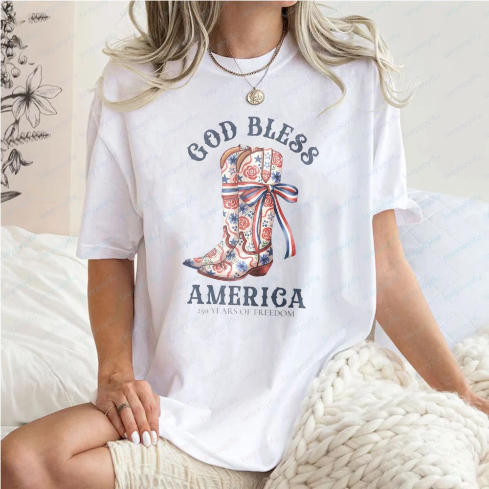 God Bless America Cowboy Boot Summer Tees Patriotic Events Perfect Gift Casual Western Style Women's T-Shirt Cotton Streetwear